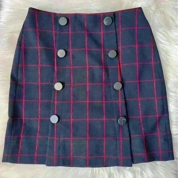 Loft Front Button Check Print Mini Skirt Red/Navy 2 - Picture 1 of 7